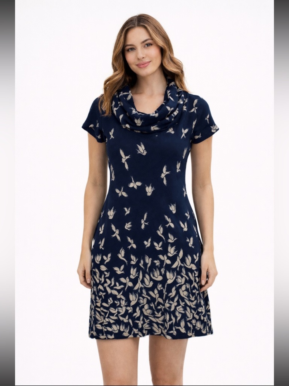 LA Soul Chic Navy Floral Cowl Neck Dress with Bird Print